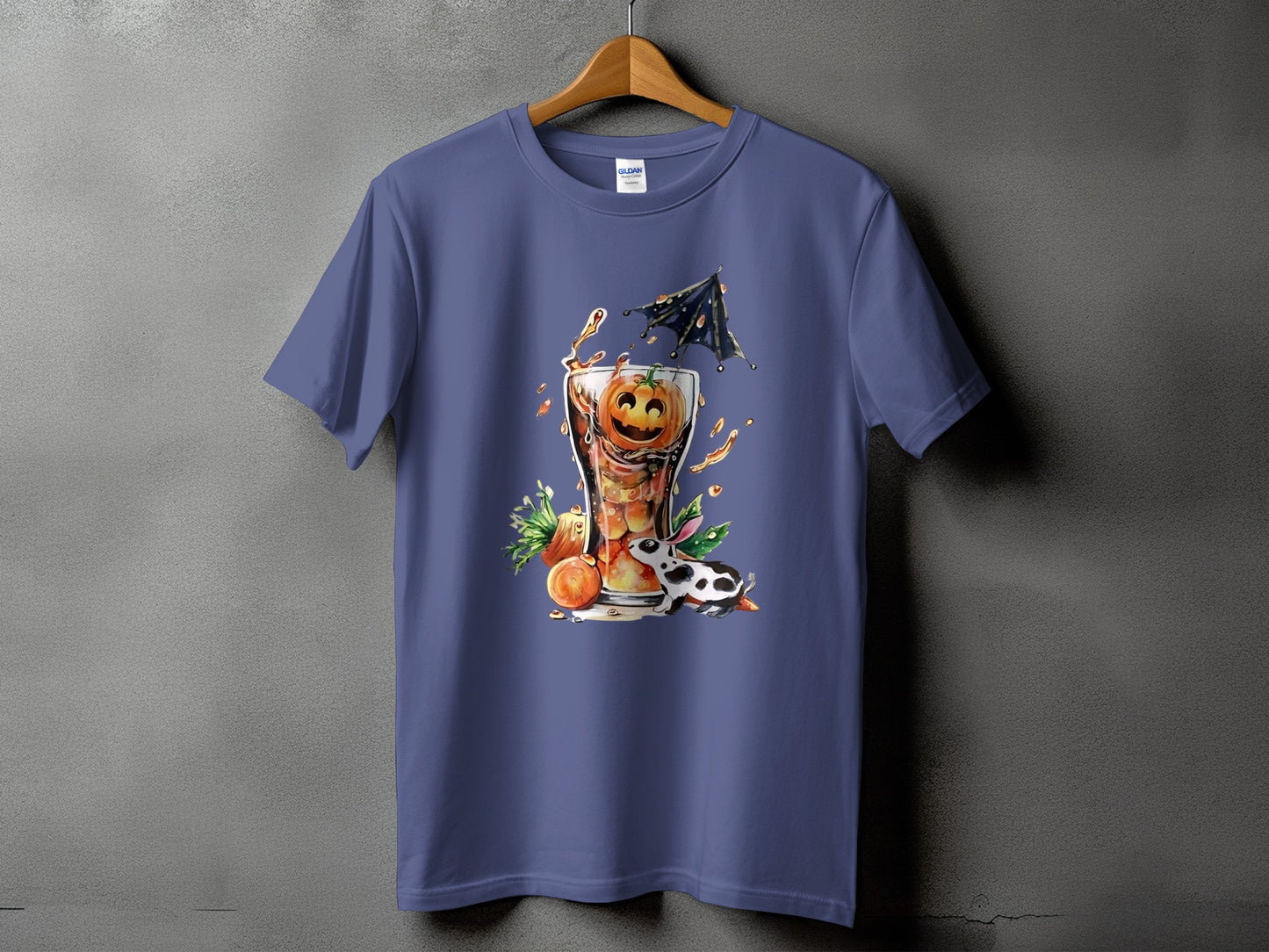 Purple t-shirt with a Halloween graphic of a drink with a pumpkin face and a bunny.