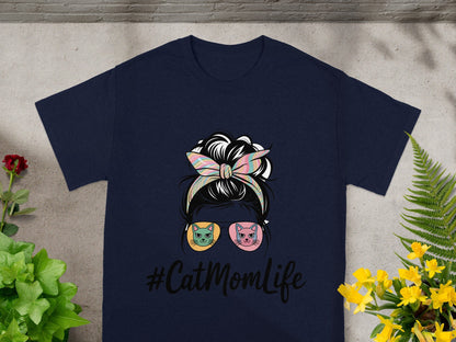 #CatMomLife Graphic Tee with Cute Cat Glasses Design