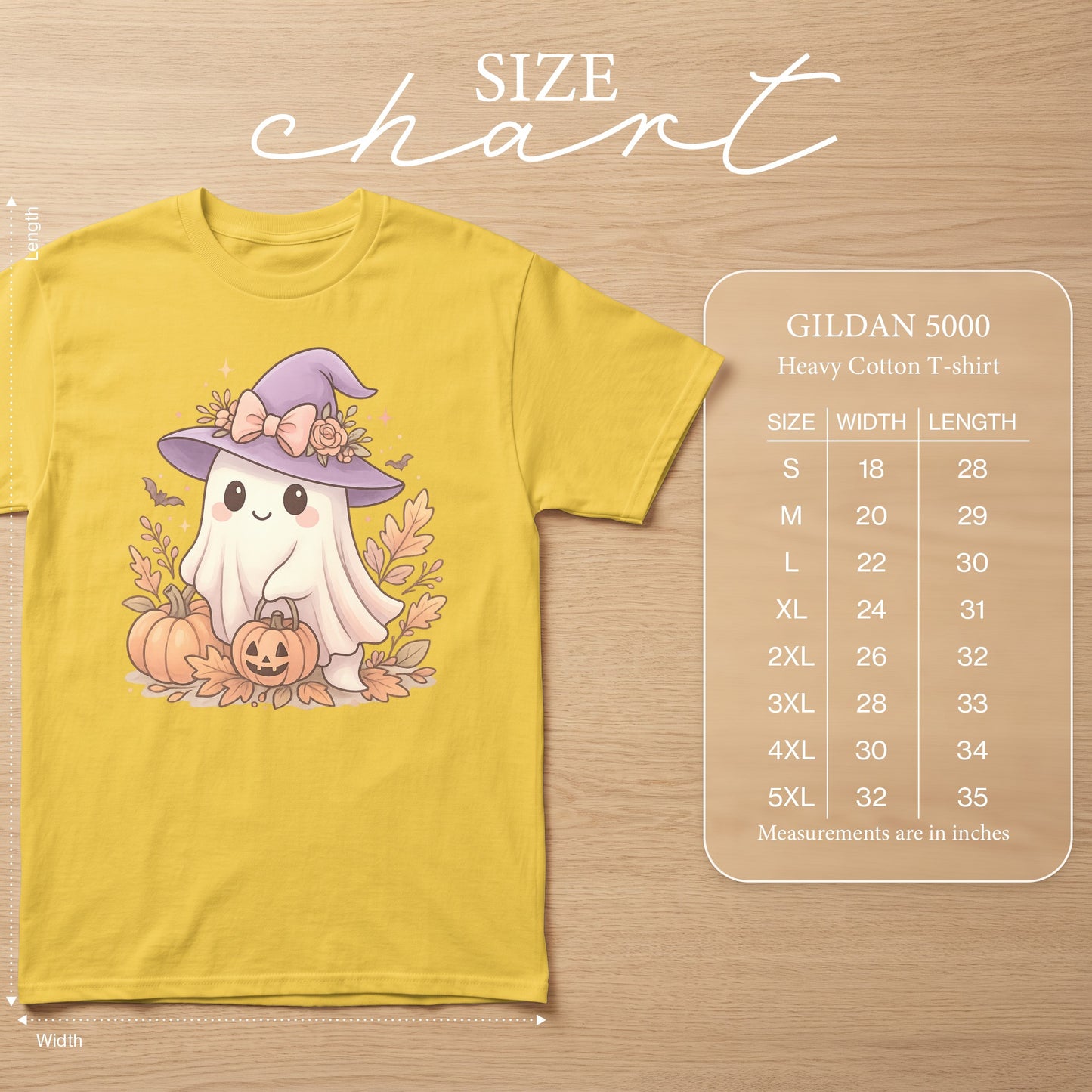 Yellow Gildan 5000 t-shirt with ghost graphic and size chart.