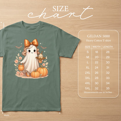 Gildan 5000 size chart showing measurements in inches for width and length.