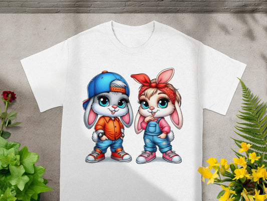 Two cartoon rabbits in colorful clothes.