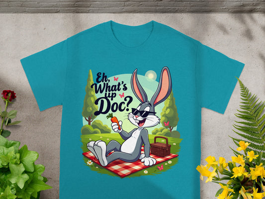 Bugs Bunny on a picnic blanket holding a carrot, wearing sunglasses.
