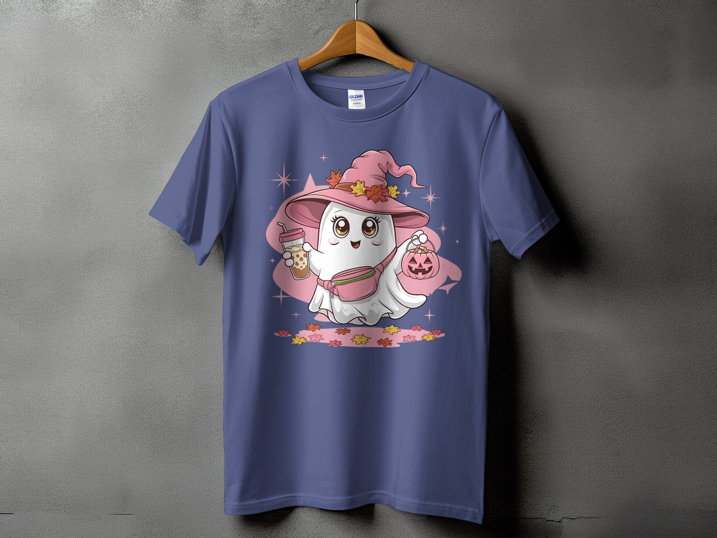 Cute ghost wearing a witch hat and fanny pack holds pumpkin and drink.