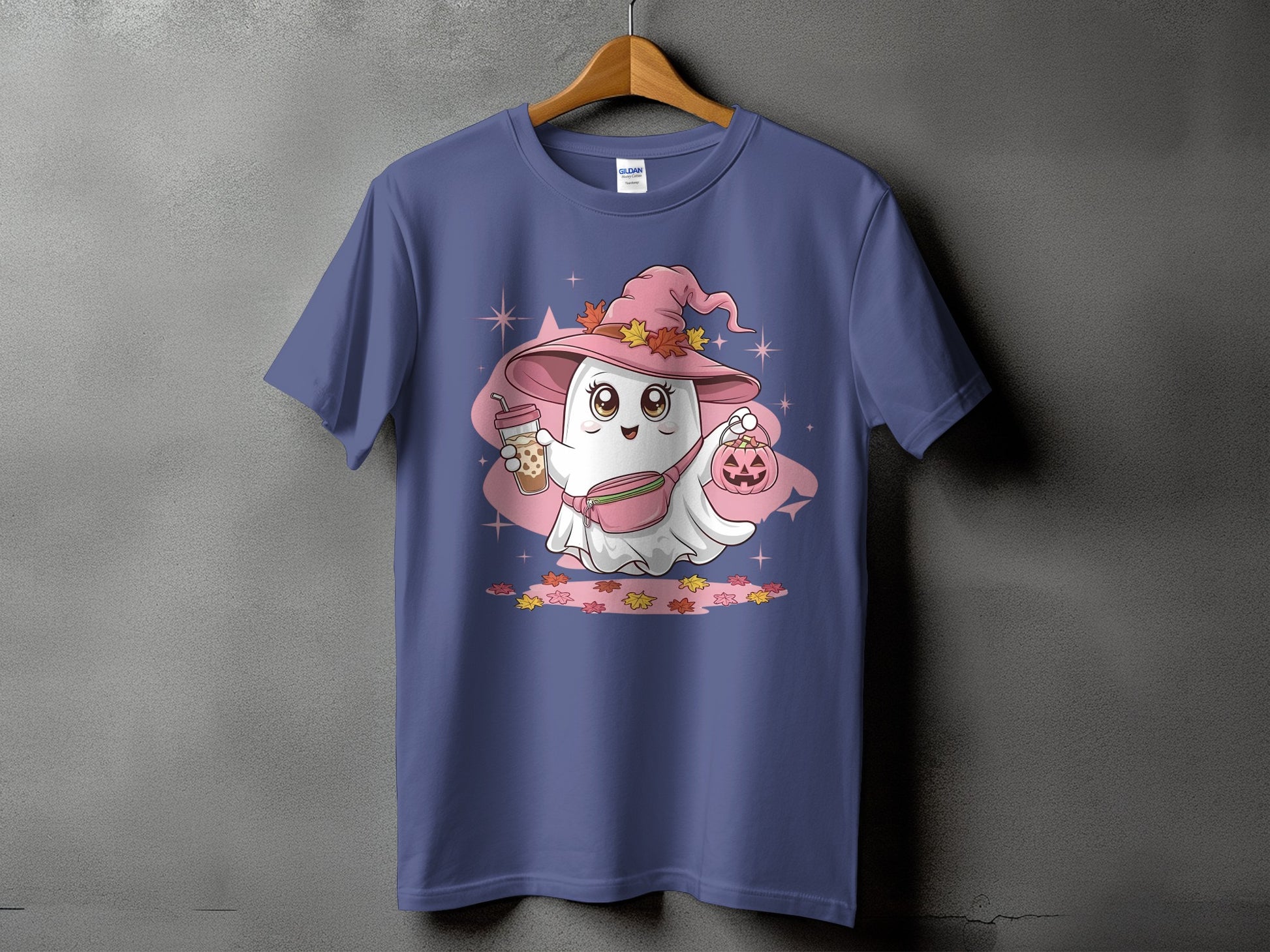 Cute ghost wearing a witch hat and fanny pack holds pumpkin and drink.