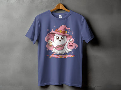 Cute ghost wearing a witch hat and fanny pack holds pumpkin and drink.