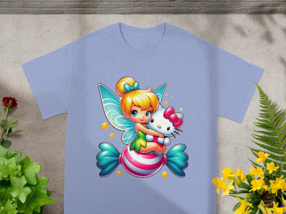 Fairy character holding Hello Kitty on a striped candy.