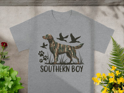 Grey t-shirt graphic featuring a hunting dog, ducks, and text "SOUTHERN BOY."