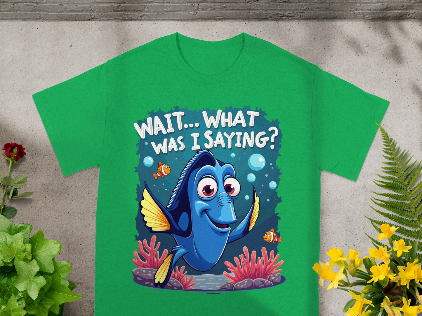 Dory from Finding Dory t-shirt with "WAIT... WHAT WAS I SAYING?" text.