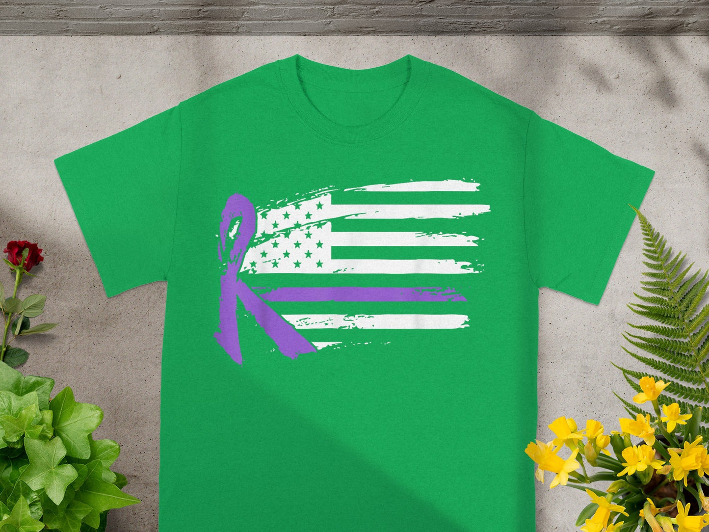 Green T-Shirt with Purple Ribbon and American Flag Design