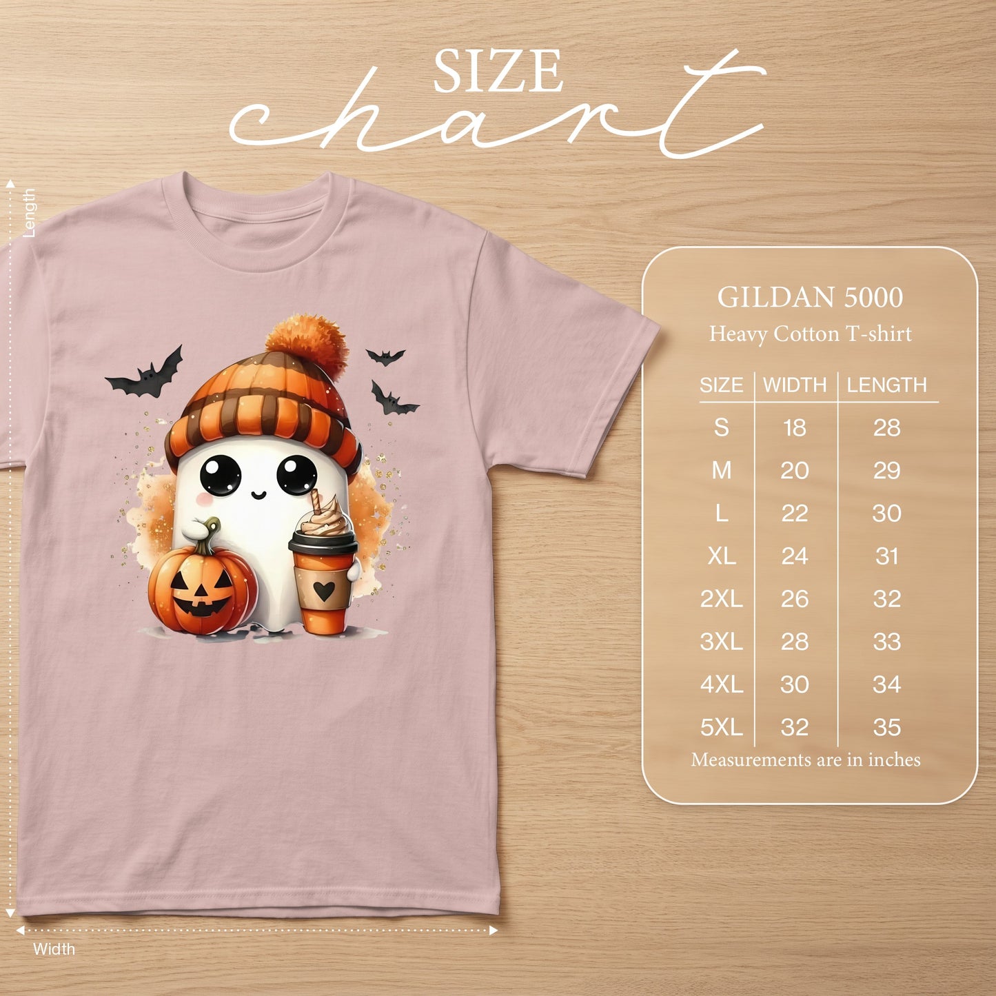 Cute ghost with pumpkin and coffee on Gildan 5000 size chart.