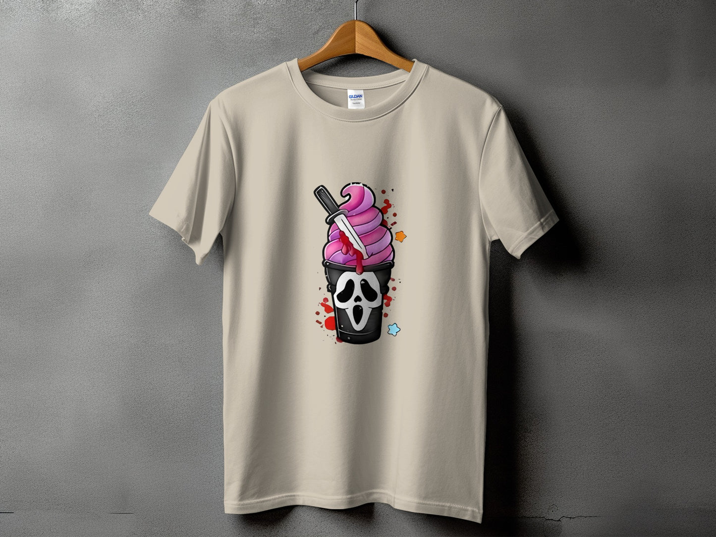 T-shirt with ghost face ice cream cup and bloody knife graphic.