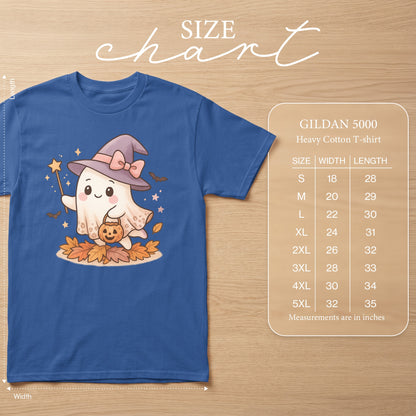 Blue GILDAN 5000 Heavy Cotton T-shirt with a cute ghost graphic and size chart.