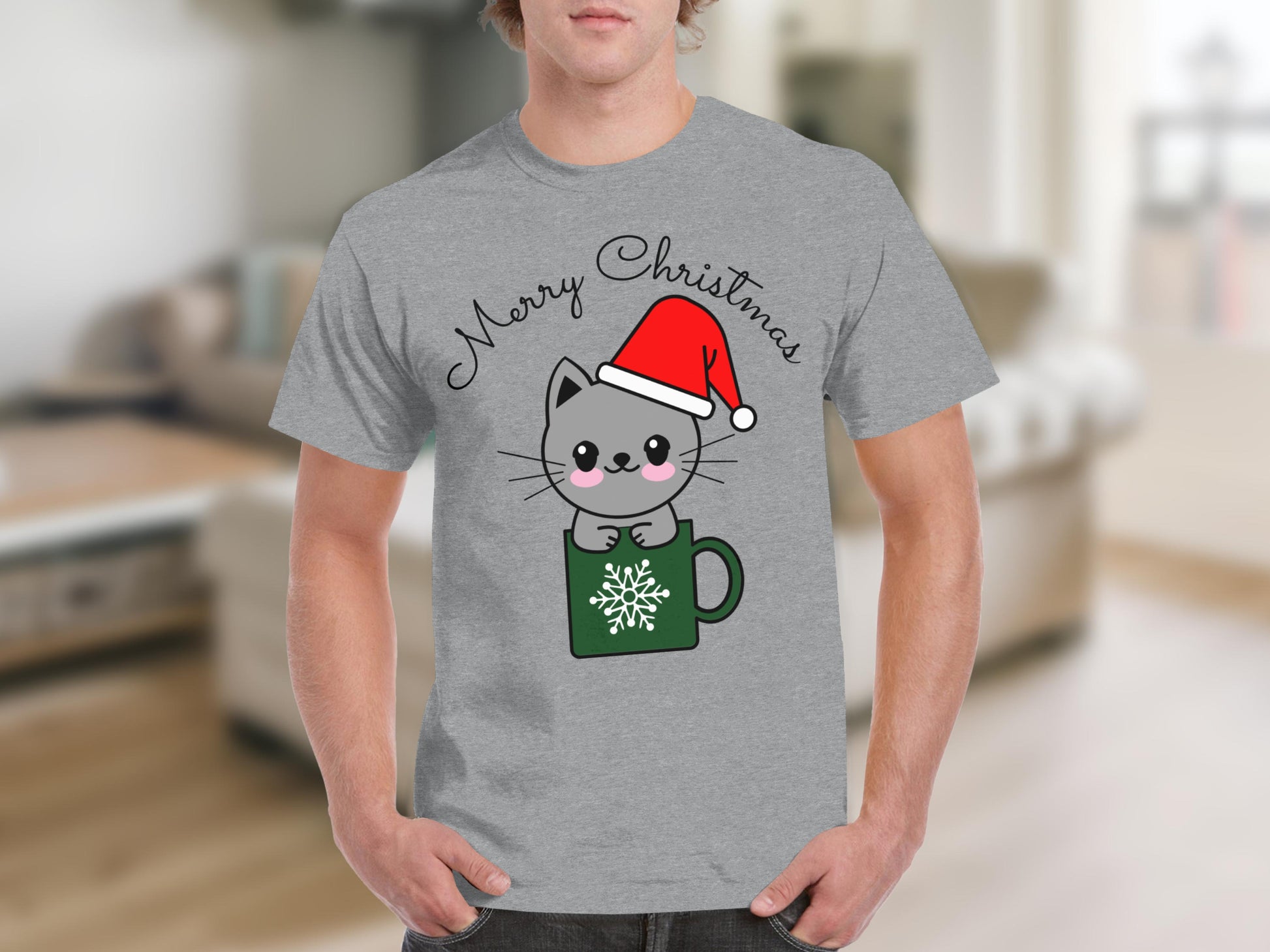 Merry Christmas Cute Cat with Santa Hat T-Shirt