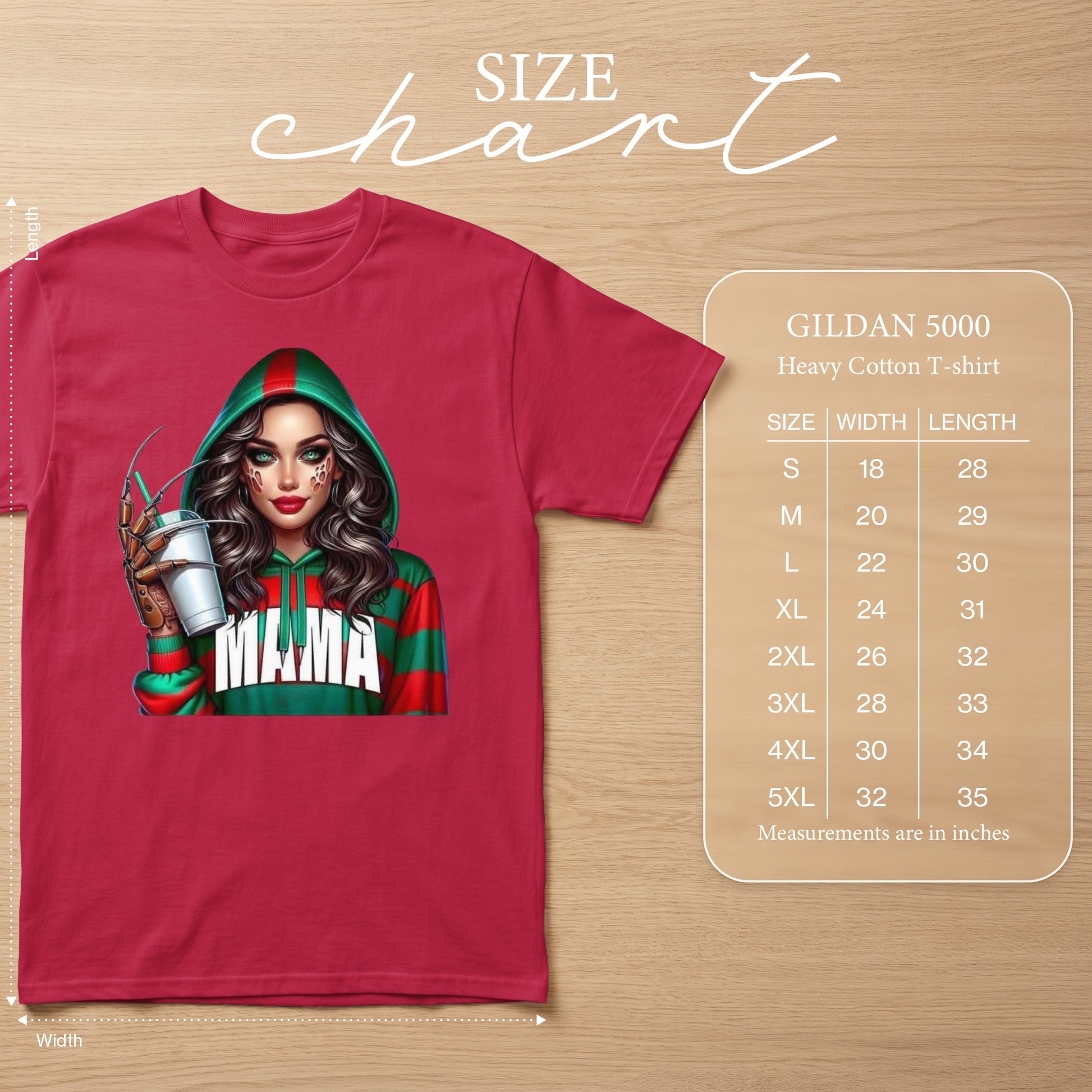 Red t-shirt with graphic of woman in green and red striped hoodie holding drink. Size chart included.