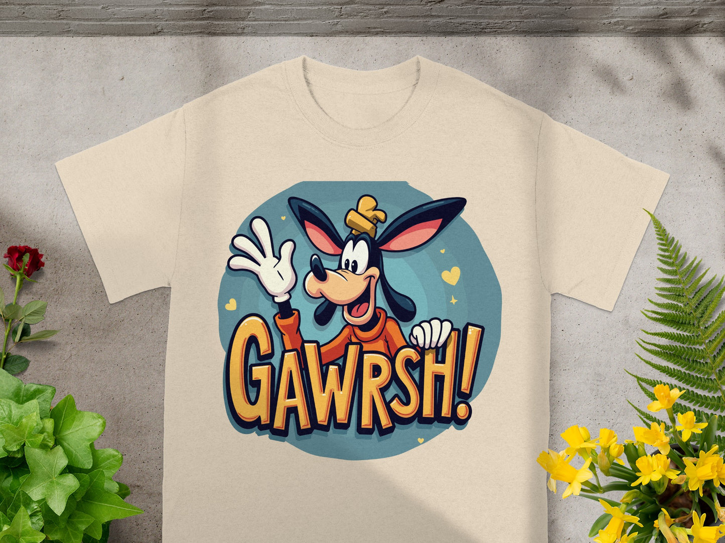 Goofy t-shirt with "GAWRSH!" text and character illustration.