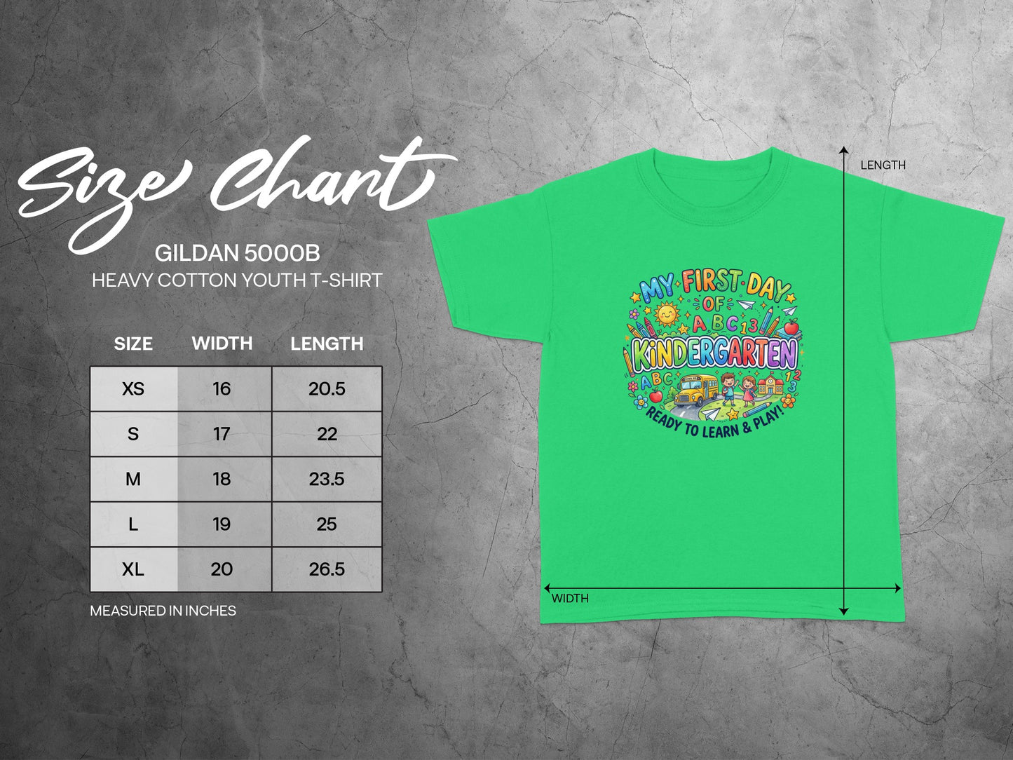 Gildan 5000B youth t-shirt size chart with dimensions including width, length, and sizes.