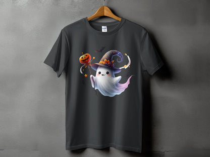 Cute ghost with witch hat holding a pumpkin, on a dark grey t-shirt.