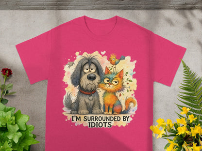 T-shirt with cartoon dog, cat, and bird graphic, reading "I'M SURROUNDED BY IDIOTS".