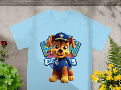 Light blue t-shirt with Chase from Paw Patrol graphic and "Paw Patrol" logo.