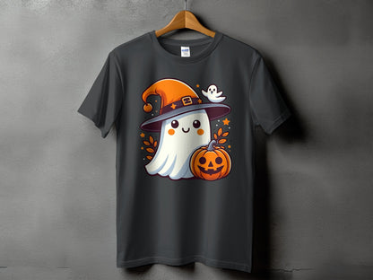 Ghost with Halloween hat and pumpkin on dark gray t-shirt.