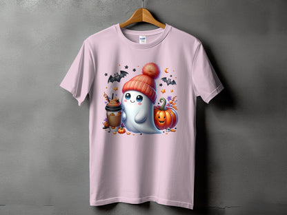 Pink t-shirt with a cute ghost in a beanie, pumpkin, and coffee for Halloween.