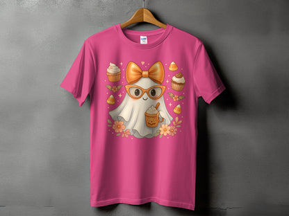 Pink t-shirt with a Halloween ghost graphic holding a pumpkin spice latte.