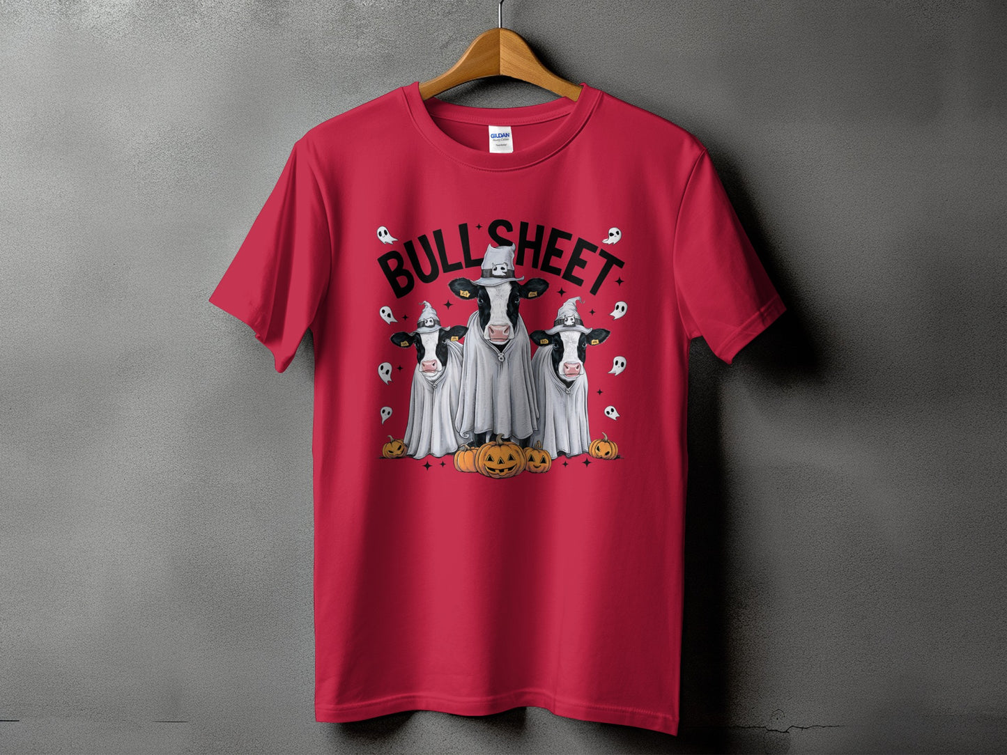 Red t-shirt with "BULL SHEET" text and three cows dressed as ghosts.