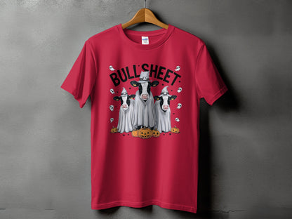 Red t-shirt with "BULL SHEET" text and three cows dressed as ghosts.