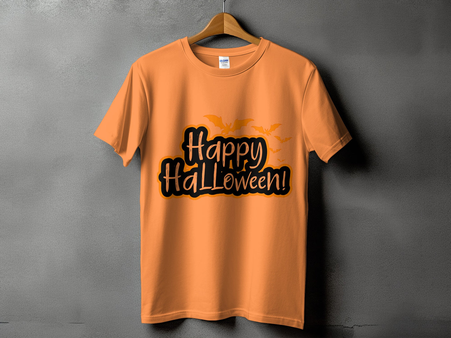 Orange t-shirt with "Happy Halloween!" text and bats graphic.