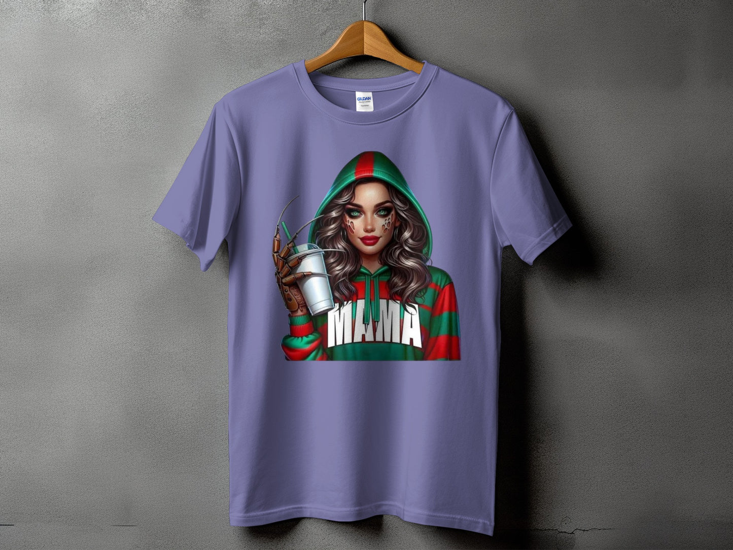 Lilac t-shirt with a graphic of a woman in a striped hoodie holding a drink.