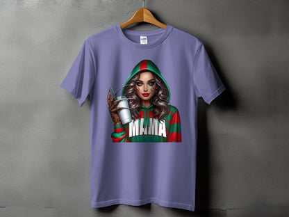 Lilac t-shirt with a graphic of a woman in a striped hoodie holding a drink.
