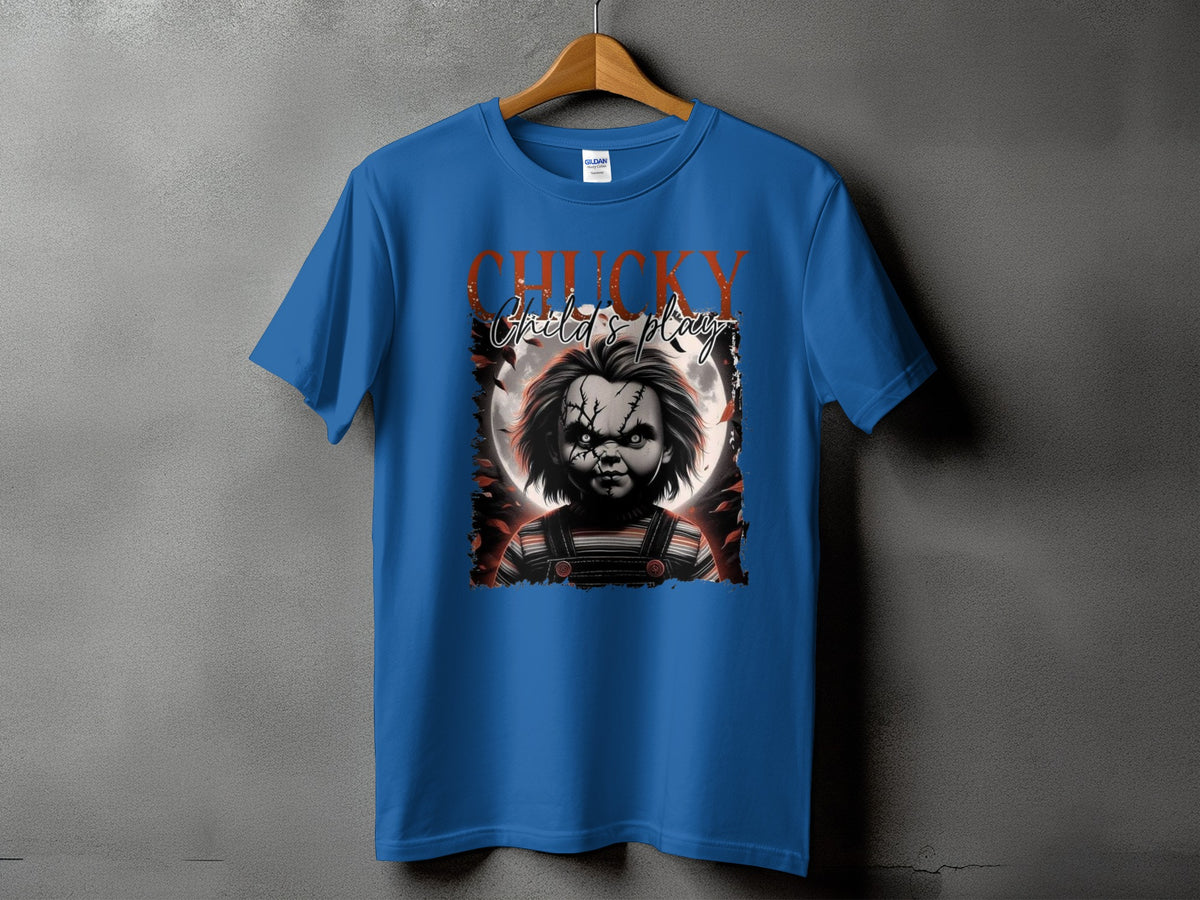 Blue t-shirt with Chucky and "Child's Play" graphic.