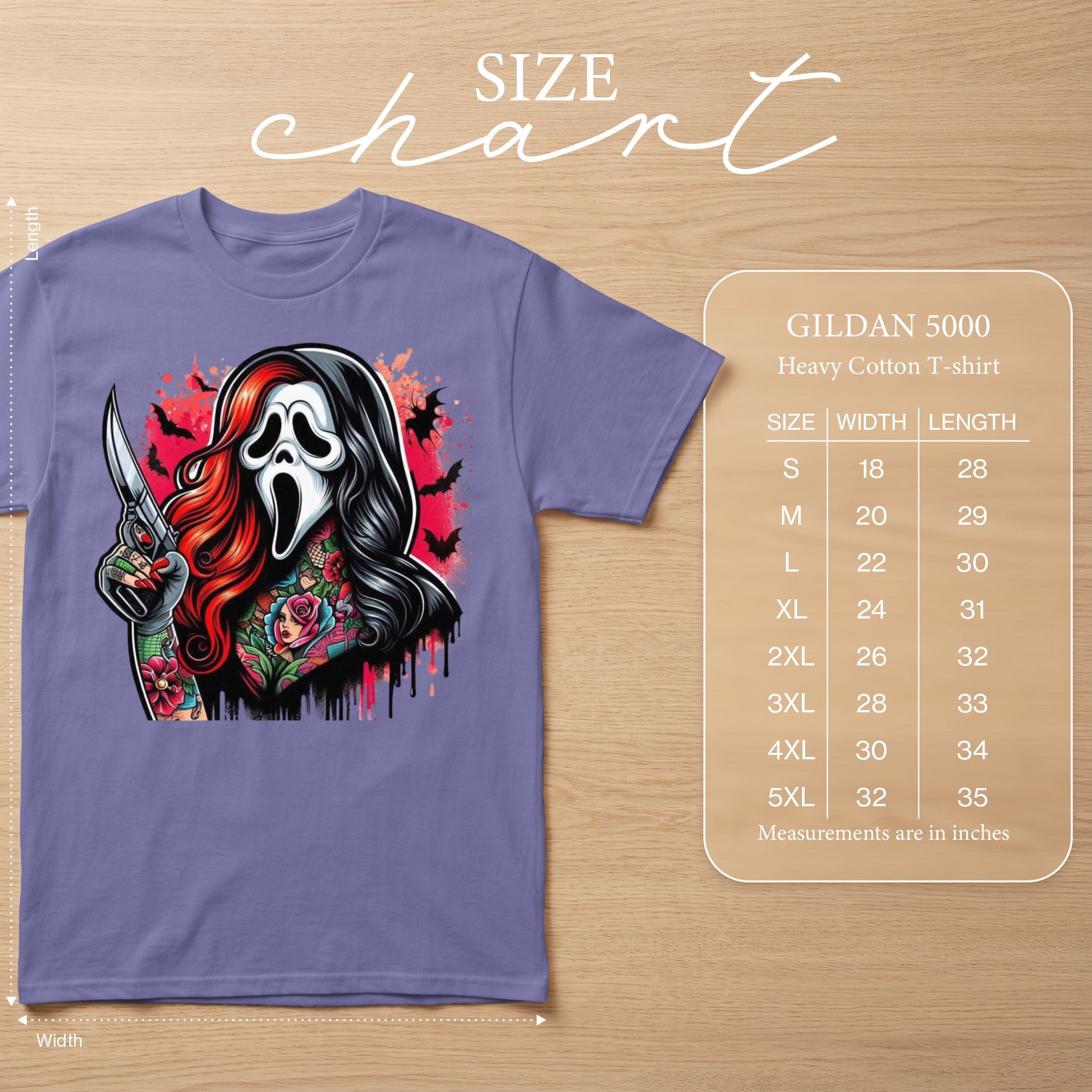 Purple Gildan 5000 t-shirt with a graphic of a tattooed Ghostface character holding a knife.