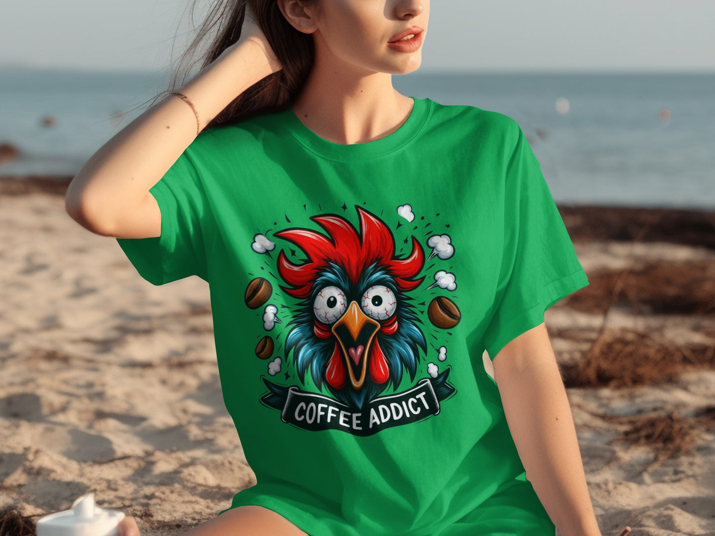 Coffee Addict Rooster Design Funny Graphic T-shirt