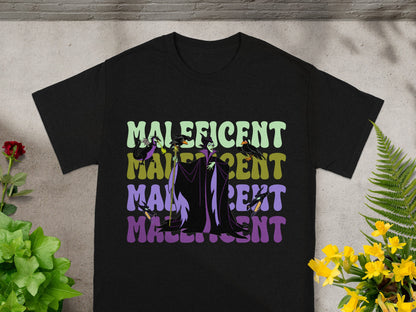 Black t-shirt with "Maleficent" text in colorful, vintage-style lettering.