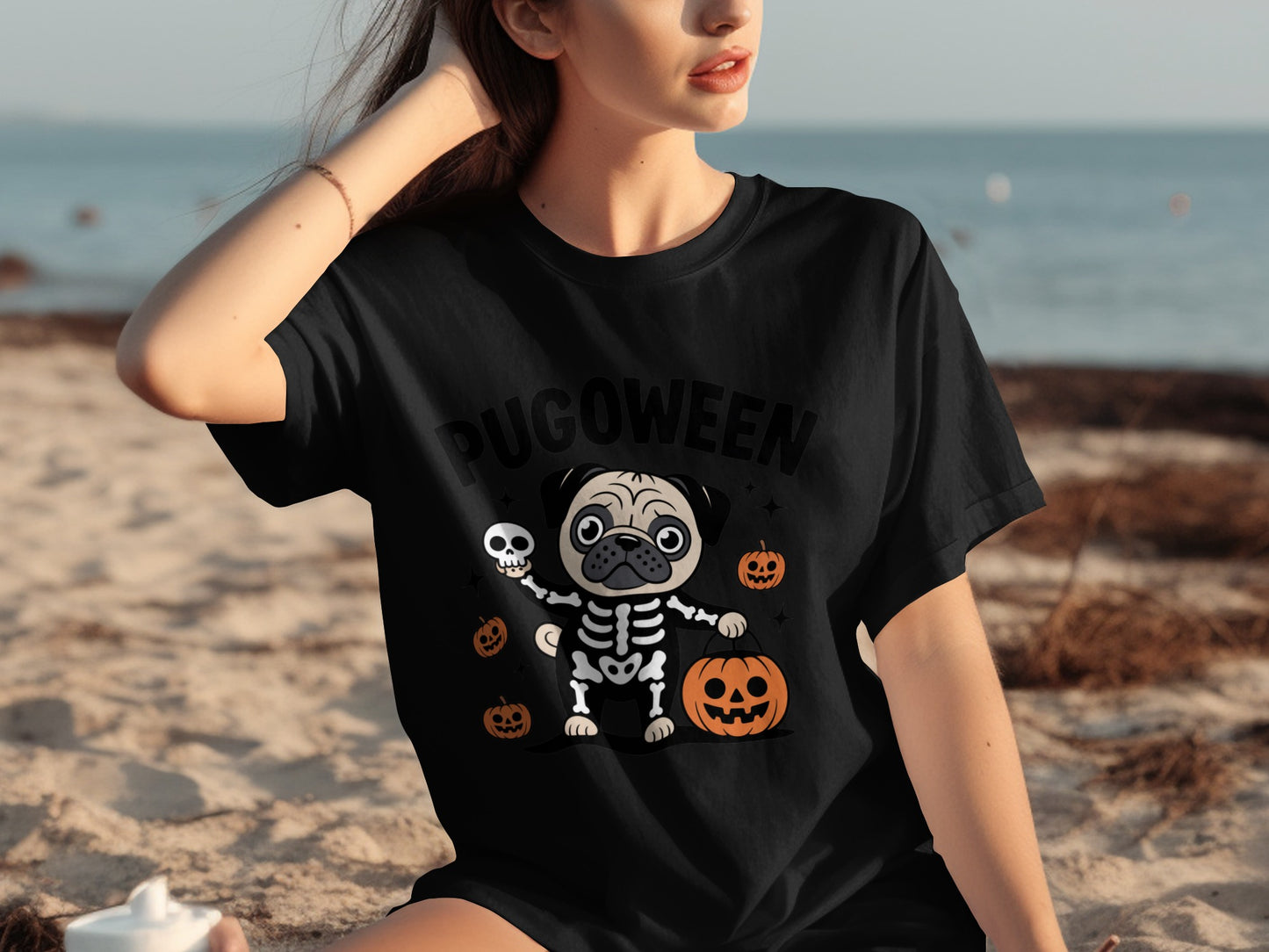 Pugoween Halloween Pug Skeleton Print T-Shirt