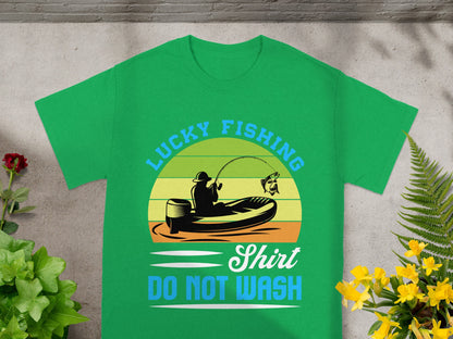 Green shirt with "Lucky Fishing Shirt Do Not Wash" graphic of a person fishing from a boat.