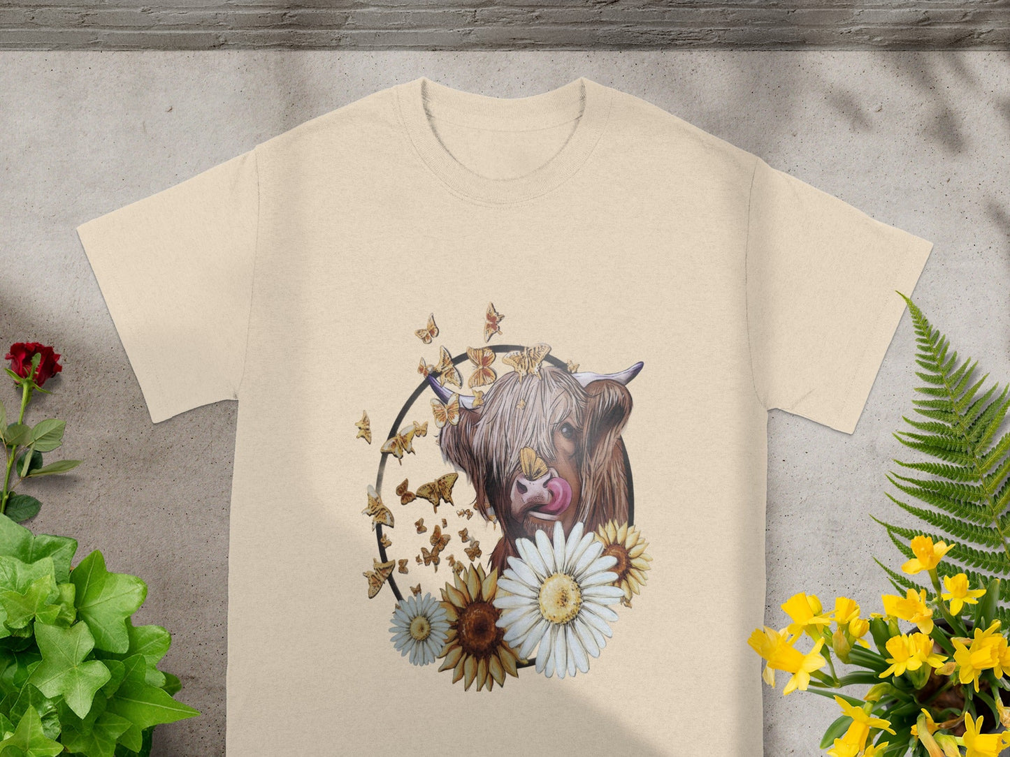 Highland Cow with Flowers and Butterflies T-Shirt