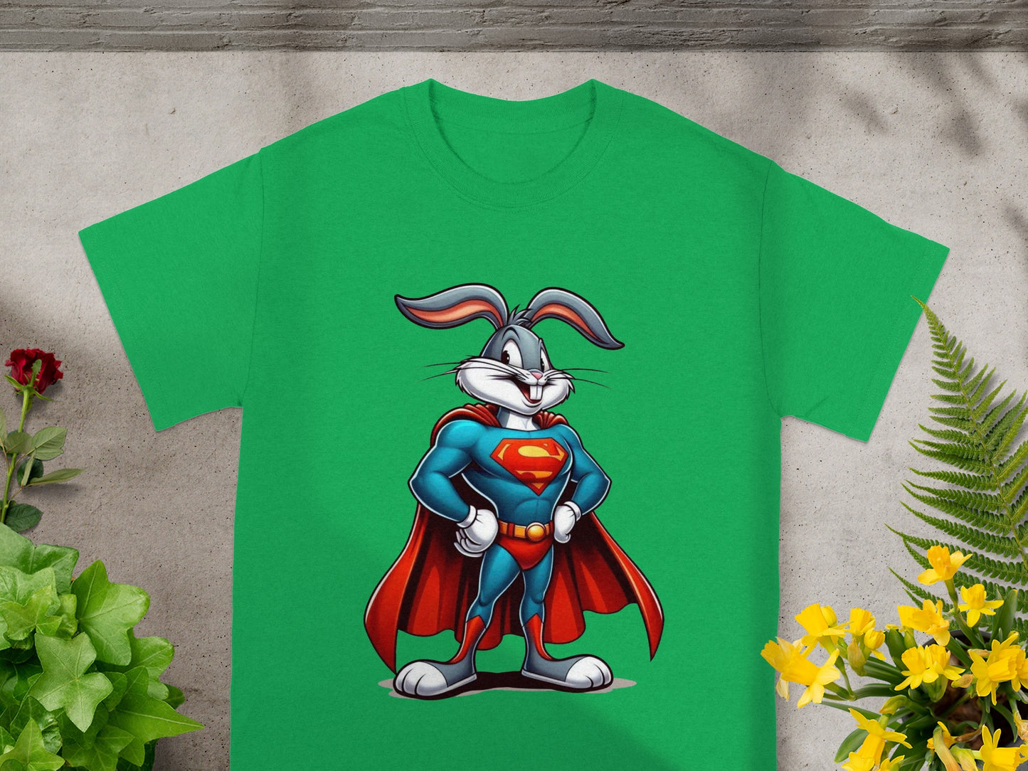 Bugs Bunny wearing a Superman costume with S shield on a green t-shirt.