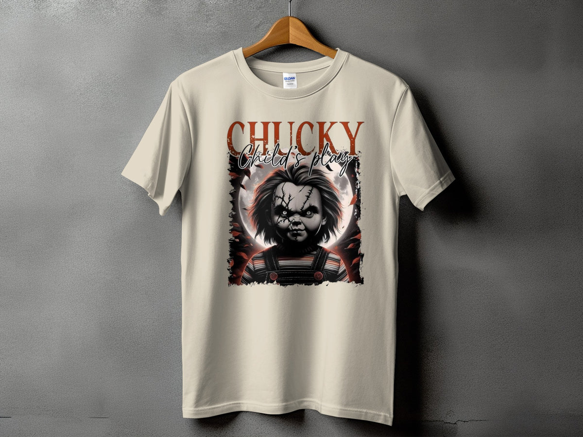 Light-colored t-shirt with a graphic of Chucky from Child's Play.