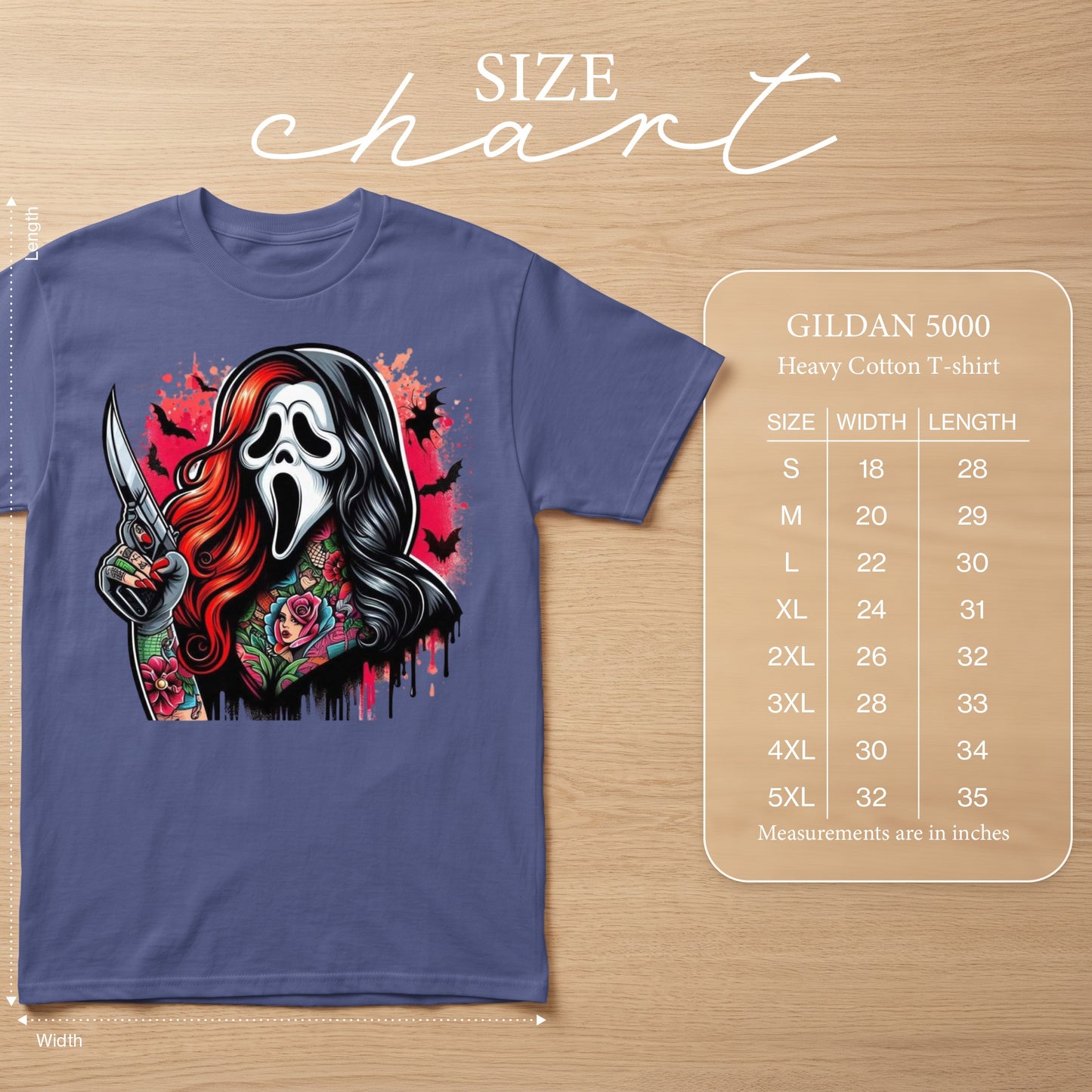 T-shirt with Ghostface graphic, bats, blood splatters, and size chart.