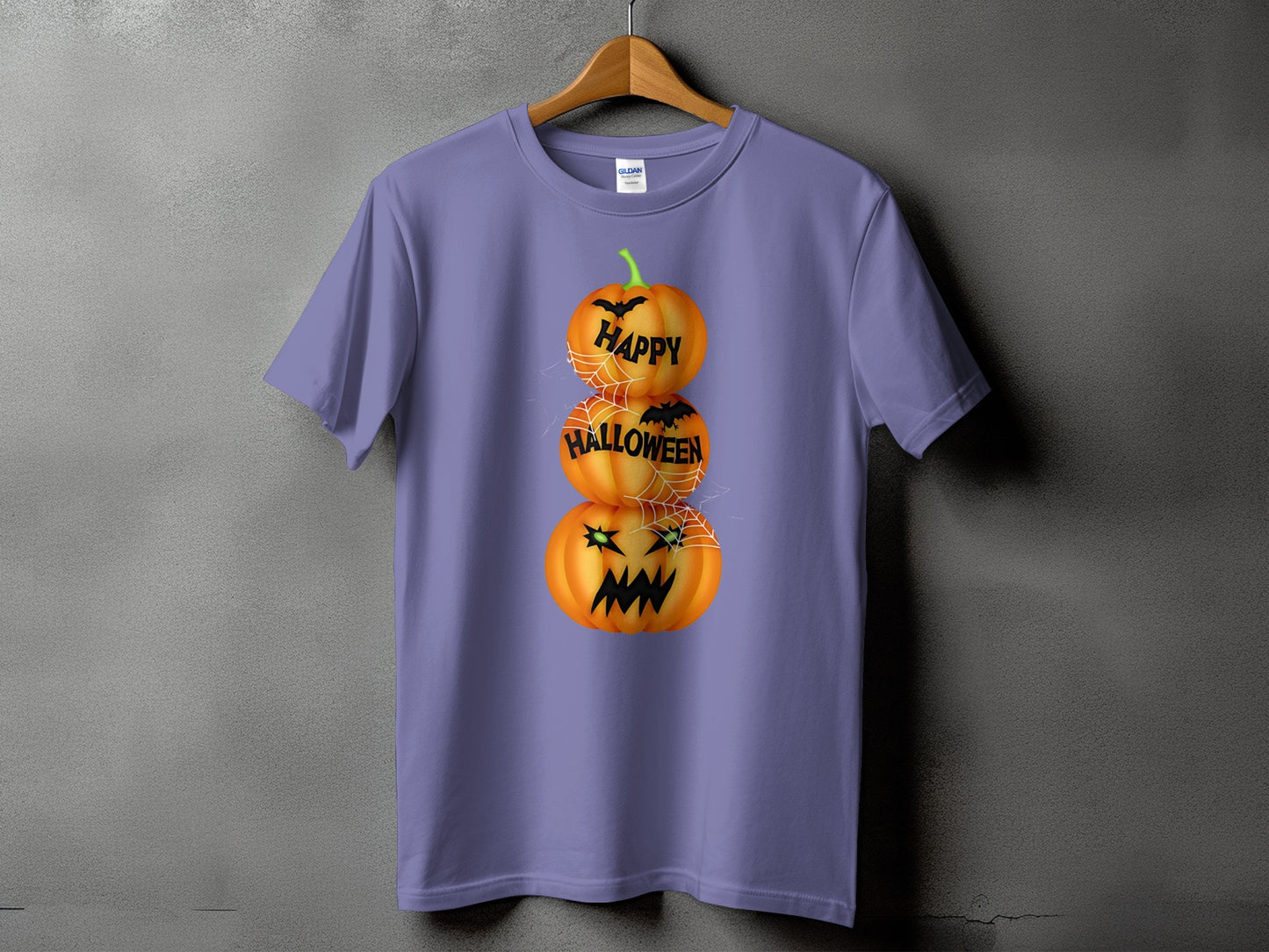 Purple t-shirt with stacked Halloween pumpkins and bats graphic.