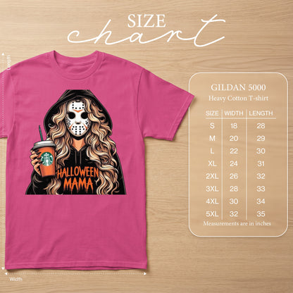 Pink t-shirt with Halloween Mama graphic and size chart.