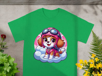 Green t-shirt featuring a cartoon Skye from Paw Patrol on a cloud.