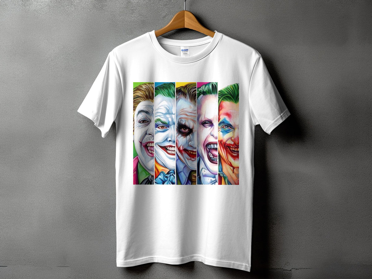 White t-shirt with five distinct Joker faces in vertical panels.