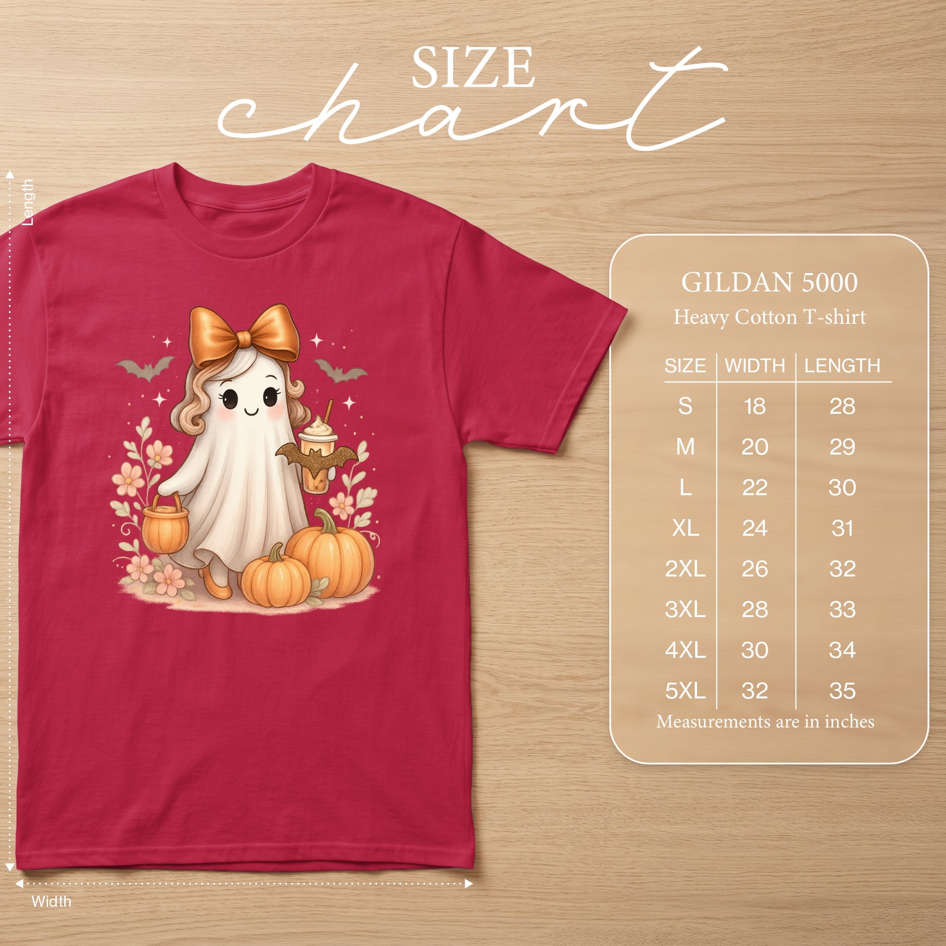 Size chart for Gildan 5000 Heavy Cotton T-shirt with measurements in inches.