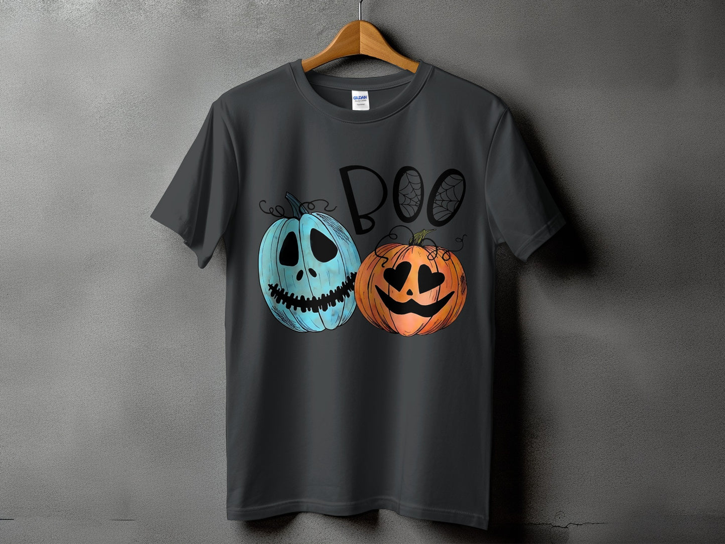 Dark gray t-shirt with "BOO" text and two pumpkins for Halloween.