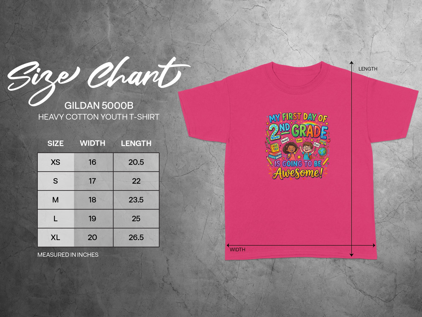 Gildan 5000B youth t-shirt with "My First Day of 2nd Grade" graphic and size chart.