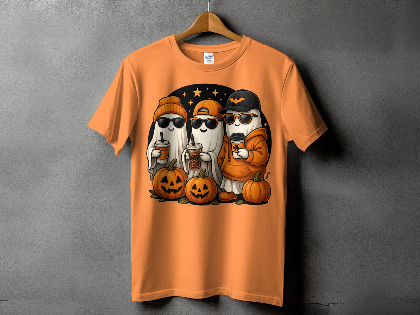 Three cartoon ghosts in Halloween-themed attire hold coffee cups with pumpkins.