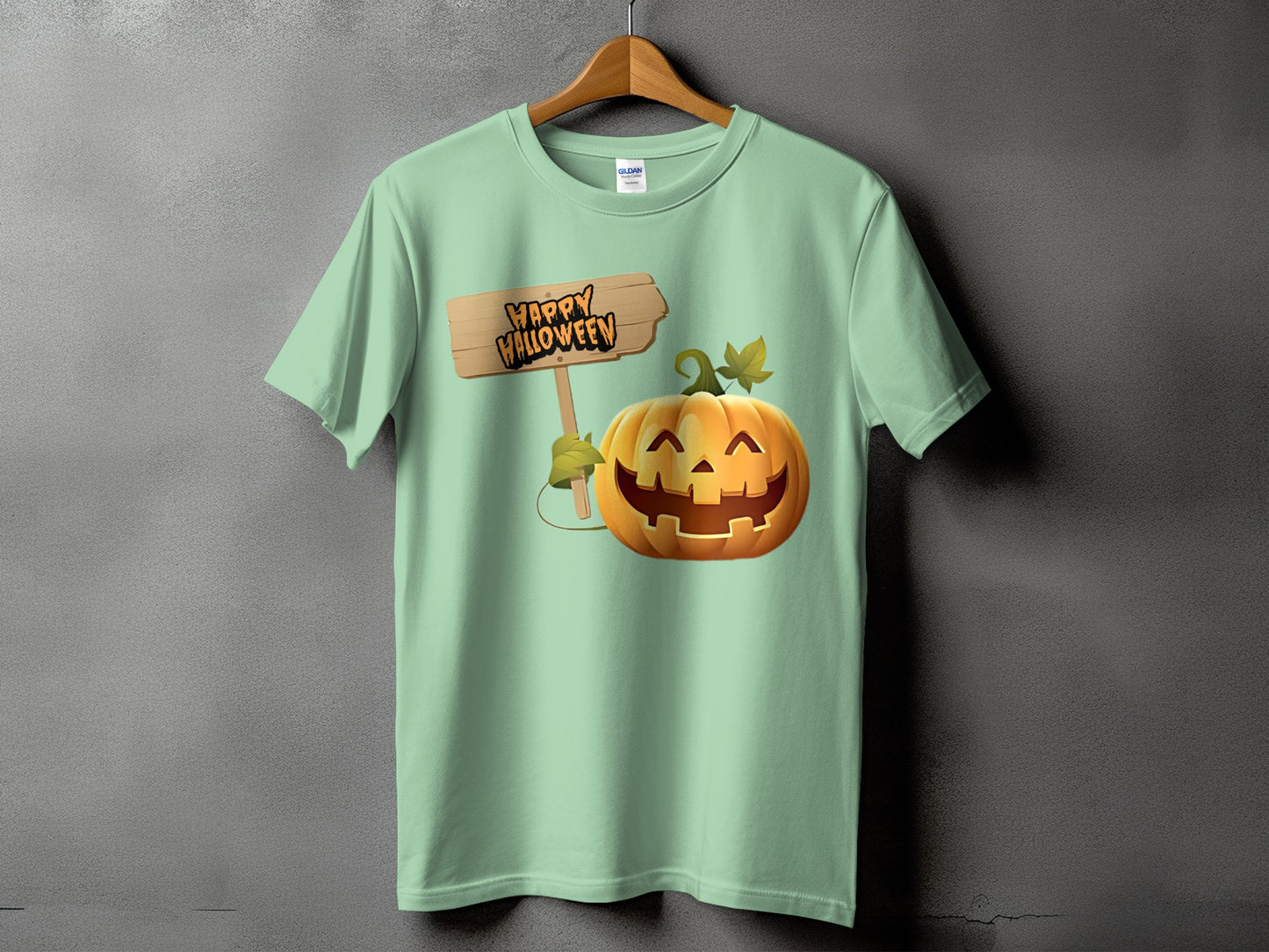 Light green t-shirt with a jack-o'-lantern and "Happy Halloween" sign graphic.